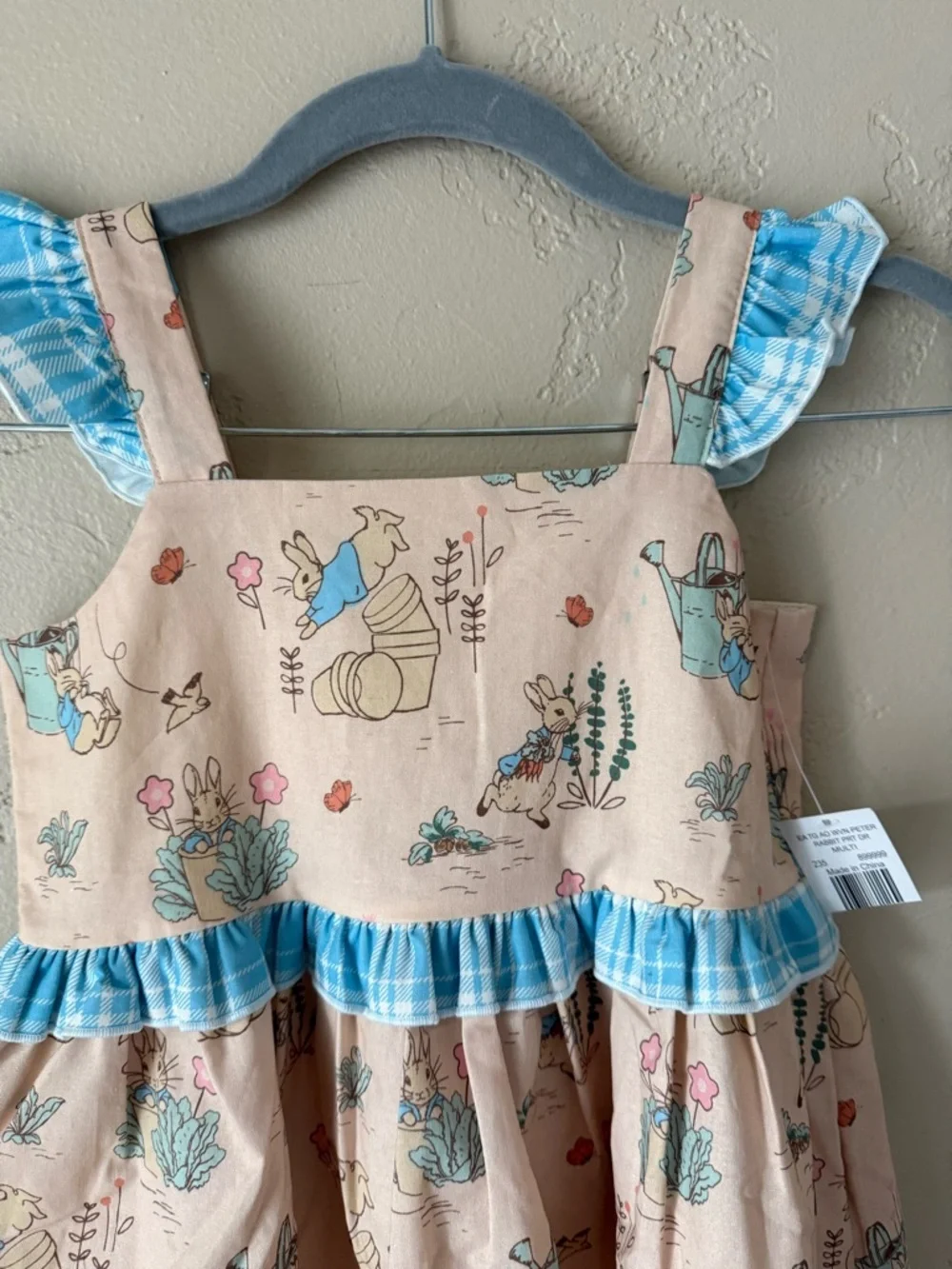 Peter Rabbit Girls Pink Flower Bunny Sundress with Blue Gingham Trim Spring 5